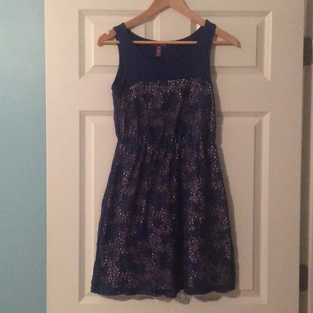 Tan and blue floral dress.